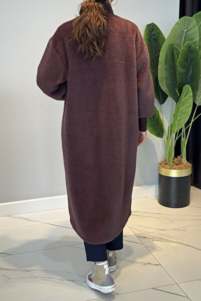 Lale Butik Angora Coat with Brooch Detail 15231 Brown