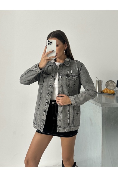 blue marlın جاكيت جينز نسائي أسود بتفاصيل ليزر ممزقة