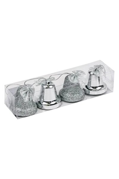 ANTBRO Set de 4 ornamente de Crăciun Antbro® în formă de clopoțel argintiu strălucitor cu sclipici și panglică, 6 cm