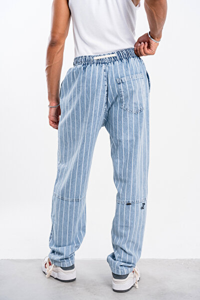 Denim Republic Men's Ice Blue Striped Loose Pants Gabardine