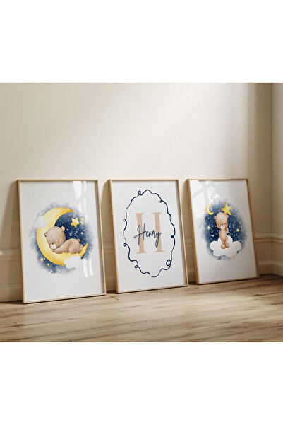 POSTER (ÇERÇEVESİZ)Teddy Bear Bebek Odası 3lü seti, Kişiselleştirilebilir 3lü...