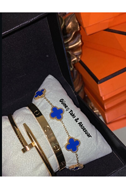 GUNESTAKI Gold Lacivert 3lü Bileklik,Kelepçe Seti Çelik Set