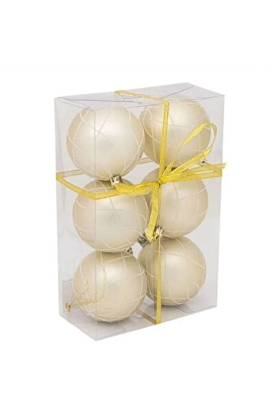 OEM Set globuri de Crăciun, dungi albe 8 cm cu sclipici mat, șampanie, 6 buc