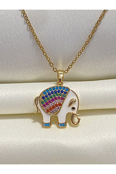 Jewelliss Renkli Zirkon Taşlı Fil Model Çelik Kolye Tasarım Kararmaz Günlük H...