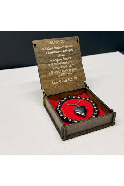 VURAL BİJUTERİ Özel Ahşap Kutulu Hematit Taşı Bileklik Kolye Seti