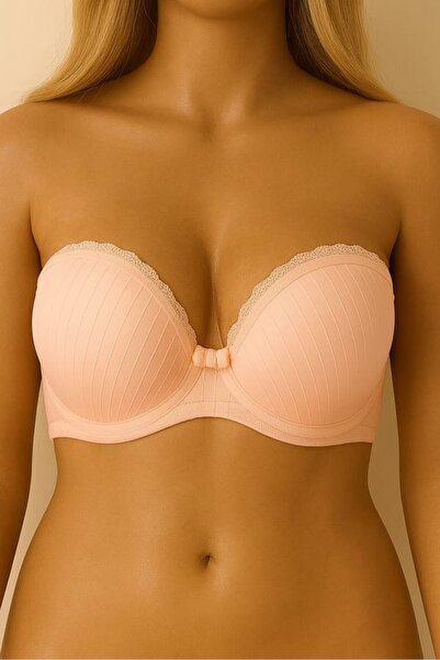 enmodaiçgiyim Pudra Renk Straplez Çizgili Balenli Desteksiz C Cup Sütyen – Do...