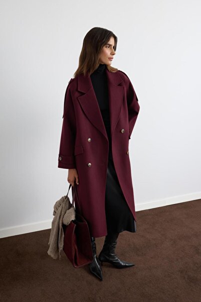 KADRİYE BAŞTÜRK Double-Breasted Collar Epaulet Detailed Cashmere Coat Burgundy