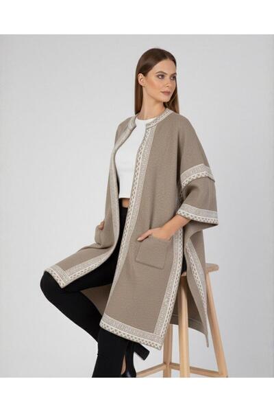 AMİDA Women's Beige White Patterned Loose Cut Pocketed Knitwear Poncho - 2531