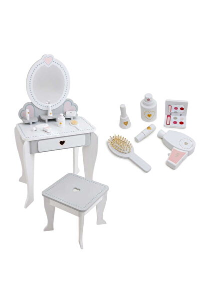 Doris White wooden heart makeup table and chair set for girls with drawer, hair dryer