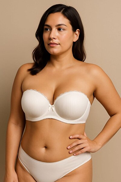 enmodaiçgiyim Ekru Renk Straplez Çizgili Balenli Desteksiz C Cup Sütyen – Dol...