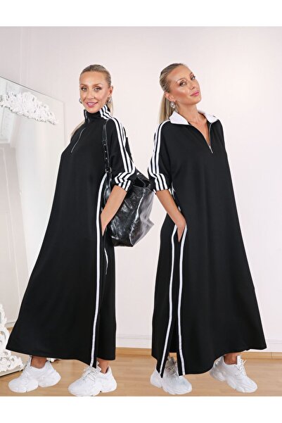 QİMYA BUTİK Γυναικείο φόρεμα με φερμουάρ, γιακά με 3 ρίγες, OVERSIZED, μακρυμάνικο, μακρύ φόρεμα με μπουκέτο