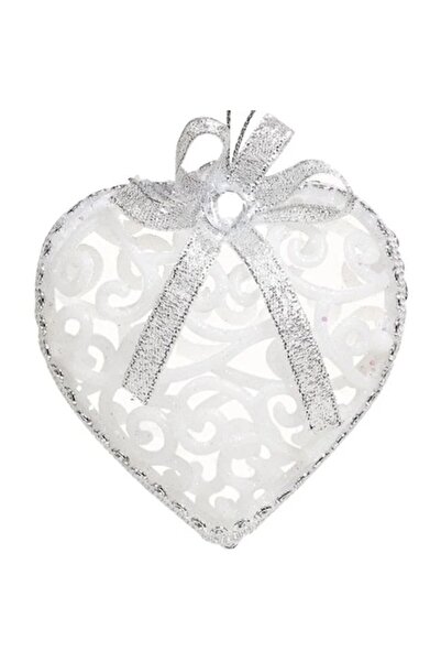 ANTBRO Set of 6 Christmas tree ornaments - white glitter hearts with silver bow and white stone, 8cm