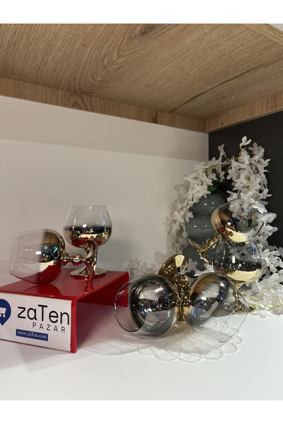 zaTen Pazar Crystal Titanium Gold Plated 250Cc Footed Coffee Water Cup 6 Pieces