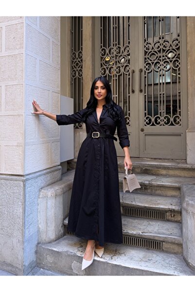 CARLA MARA Rochie cămașă cu buzunar dublu, neagră