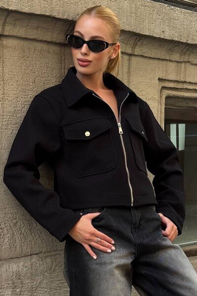 VAGGON Women's Black Double Pocket Zipper Closure Lined Cashmere Jacket Vs01393