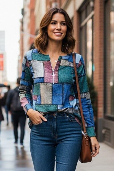 Mossta Zipper Detailed Patterned Long Sleeve Blouse - Pink