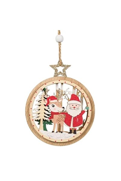 ANTBRO Ornament de Crăciun - glob de lemn cu Moș Crăciun, reni și brazi cu gl...