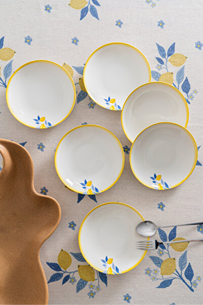 RUBİ PORSELEN Limon Desenli 20 cm Premium Porselen Yemek Tabağı - 6 Adet