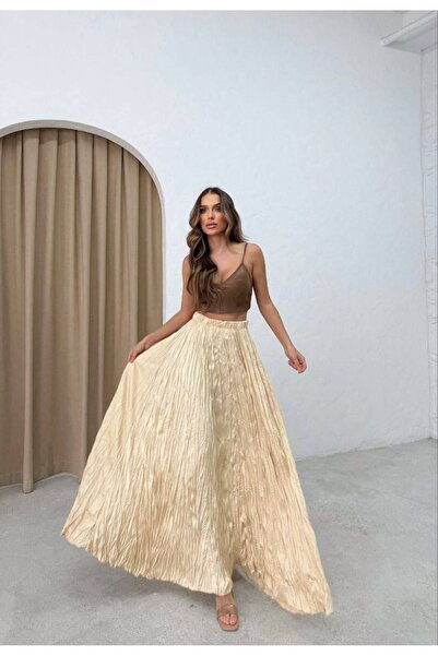 CARLA MARA Satin Fabric Pleated Skirt Beige