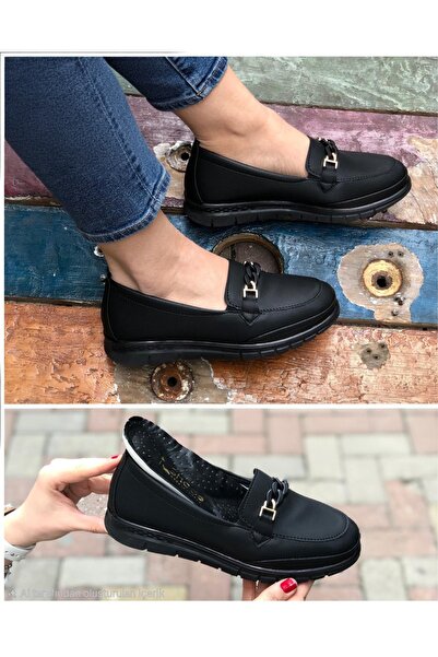 Özkan Ayakkabı حذاء نسائي أسود كلاسيكي لتقويم العظام مزين بسلسلة مفصلة للأم