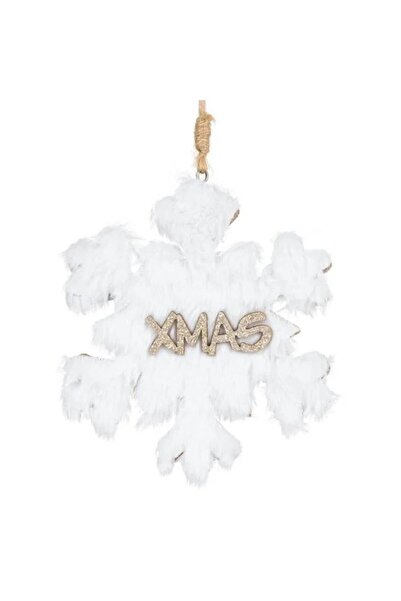 ANTBRO Christmas tree ornament - wooden snowflake with white fur and 'XMAS' letters with beige champ