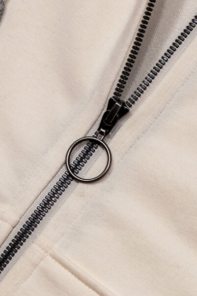 Cottonland Women's Olivia Regular Fit Three Thread Non-Fleece Hooded Cotton Sweat Coat Ecru