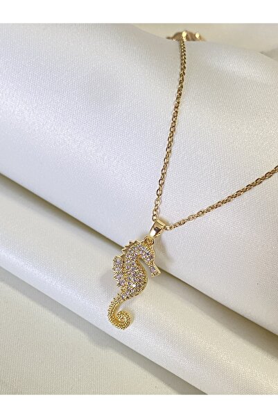 Jewelliss Minimal Zirkon Taşlı Deniz Atı Çelik Kolye Kararmaz Tasarım Günlük Hediyelik
