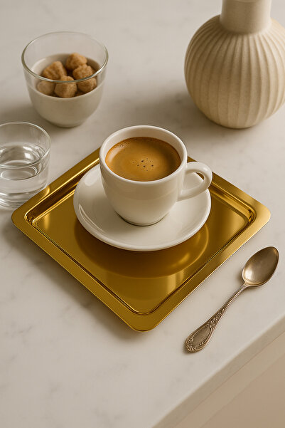 isra kristal 6'lı Kare Gold Paslanmaz Çelik Tepsi Seti – Şık ve Kahve Sunum Tepsileri