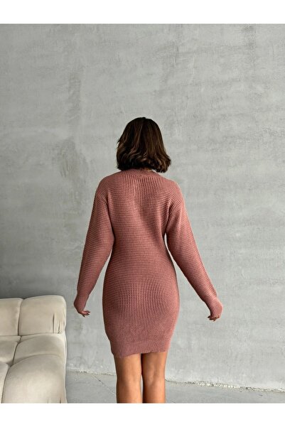 citystyle Γυναικείο μίνι μακρυμάνικο φόρεμα με κουμπιά κανέλας, κομψό πλεκτό φόρεμα