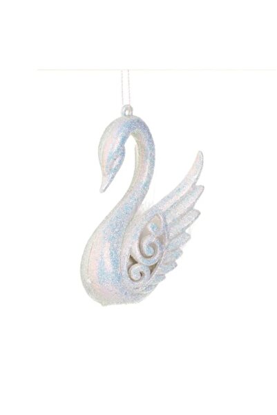 ANTBRO White Swan Christmas Tree Ornament with Iridescent Glitter and Feathers, Plastic, 7.5x11 cm