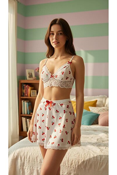 Orıella Kiraz Desenli Mini Etek Büstiyer Gecelik