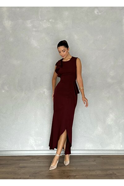 Nesil Asimetrik Kesim Eteği Ve Tek Kolu Volanlı Şık Özel Gün Kadın Davet Elbisesi