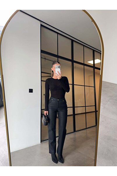 BB Bensu Buyruk YÜKSEK BEL SİYAH DERİ PANTOLON