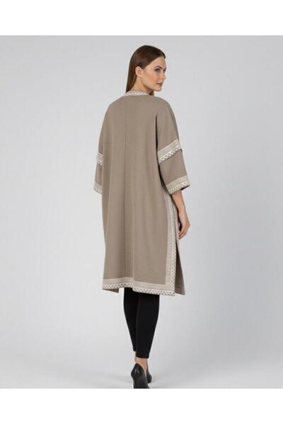 AMİDA Women's Beige White Patterned Loose Cut Pocketed Knitwear Poncho - 2531