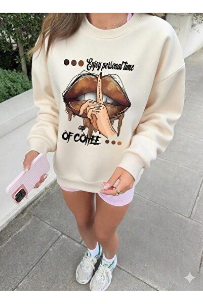 Afri Γυναικείο φούτερ Crew Neck Lip με τύπωμα - Ύφασμα με oversized κλωστές, ...