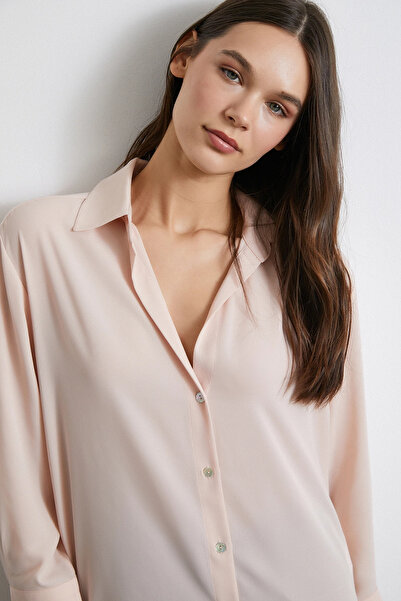 TRENDQUEL V Yaka Şifon Gömlek Pudra