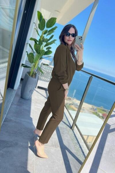Mossta Front Zippered Modal Jacket and Pants Two-Piece Set - Mink