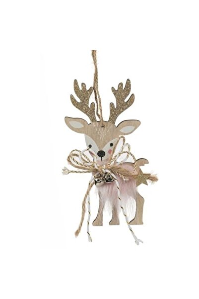 ANTBRO Ornament de Crăciun - cerb din lemn cu coarne strălucitoare, blană roz și clopoțel, 13 cm