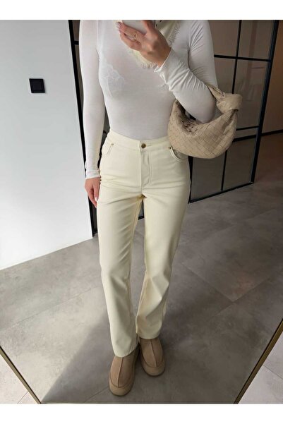 BB Bensu Buyruk PANTALONI DIN PIELE ECRU CU TALIE ÎNALTĂ