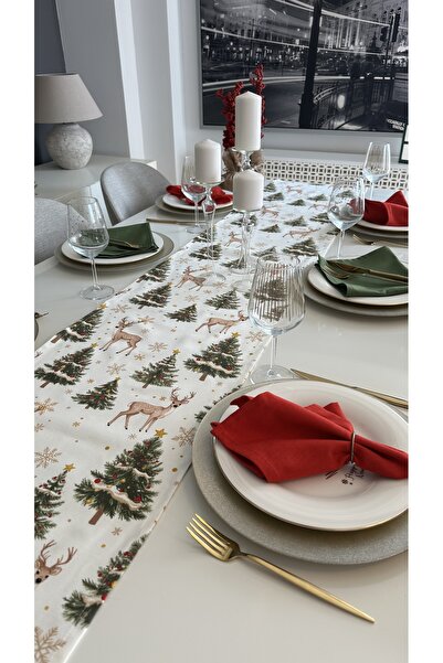 Decamor home Yeni Yıl Temalı Ceylan Desenli Beyaz Yeşil Bej Gold Detaylı Yılbaşı Runner ( PEÇETESİZ )