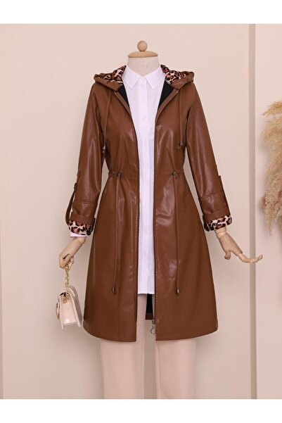 MM Mac Moda Kolu Katlamalı Beli Bağcıklı Kapşonlu Deri Kap