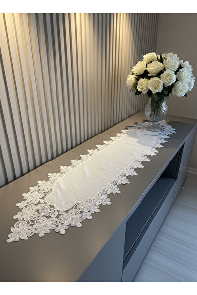 Valora Concept Fransız Dantelli Bahar Dalı Model Keten Gardenya Lüks Uzun Runner