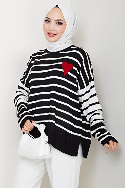 hafsamina Πουλόβερ με ρίγες με απλικέ καρδιά μαύρο HM2617