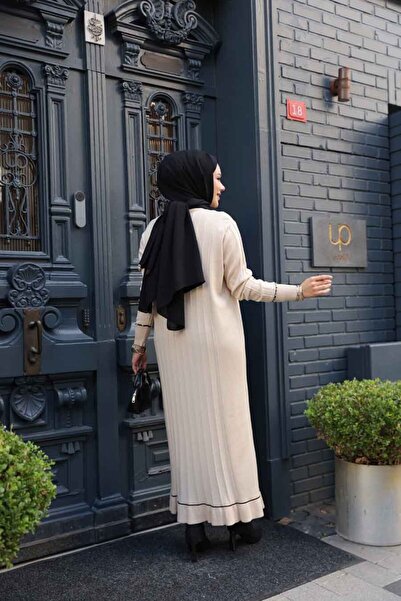 N.S NEVA STYLE Beige Mercerized Knitwear Hijab Dress 6745Bej