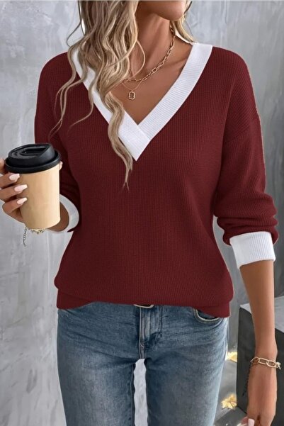 Mossta V-Neck Waffle Fabric Stylish Blouse - Tile