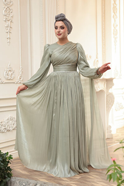 N.S NEVA STYLE - Βραδινό φόρεμα με λεπτομέρεια καμπανέτας και μενταγιόν 53021MINT