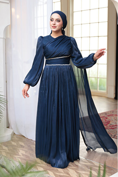 N.S NEVA STYLE - Βραδινό φόρεμα Hijab με λεπτομέρεια κάπας σε μπλε ναυτικό χρώμα 53021L