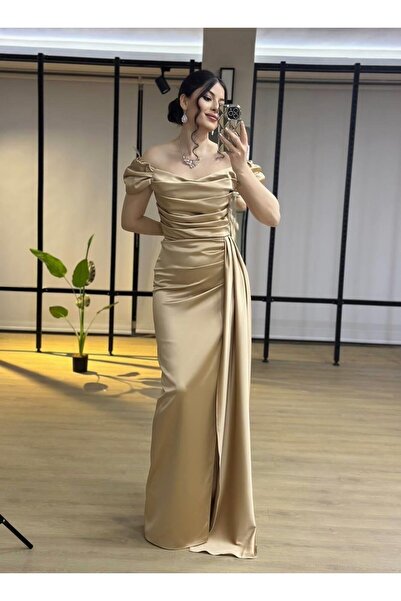 Larenmoda Saten Yırtmaçlı Balon Kol Abiye