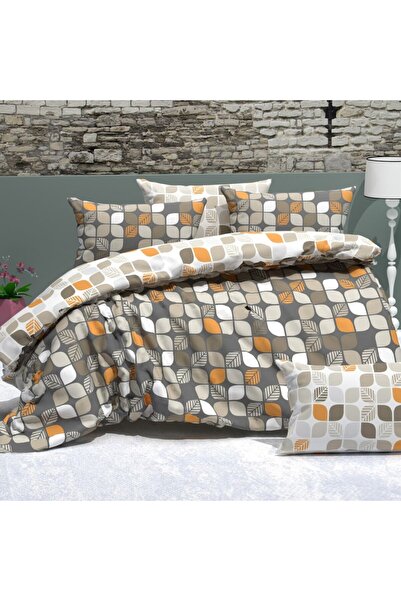 Pucioasa Ranforce double bed linen 4 pieces leaves grey orange