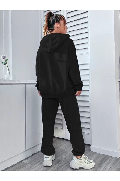 JENOLAN Women's Gray Happiness Top and Bottom Tracksuit Set Oversize Hooded